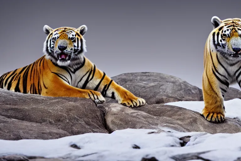 Image similar to a tiger polar bear!!! hybrid! hyper realistic!! realistic lighting!! wildlife photographer of the year!!! bold natural colors, national geographic, hd, wide angle, 8 k