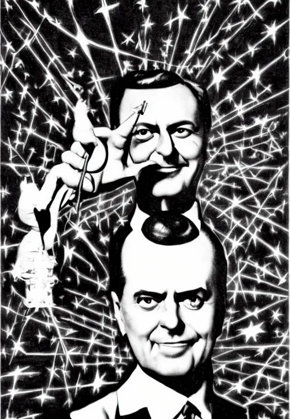 Image similar to one famous person, simple, subgenius, x - day, aliens, weird stuff, occult stuff, guns and firepower, illuminati, colorful, hyperrealism, stage lighting