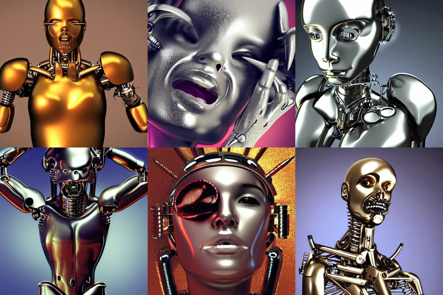Prompt: a metallic cyborg in ecstasy, climax, photorealistic