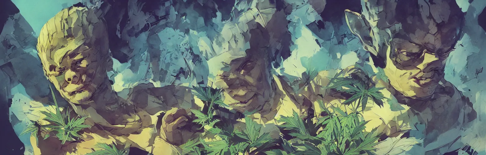 Image similar to duotone concept illustration 3 / 4 portrait of baby face consisting of marijuana, baby groot, cannabis!, cinematic volumentric lighting, jim cheung, david marquez, mike deodato jr, ilya kuvshinov, makoto shinka, behance hd by jesper ejsing, by rhads, hyper detailed, octane render, concept art, artstation