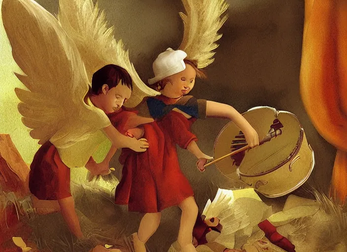 Prompt: angel rescuing little boy from a bad dream with marching drum, highly detailed, sharp focus, digital painting