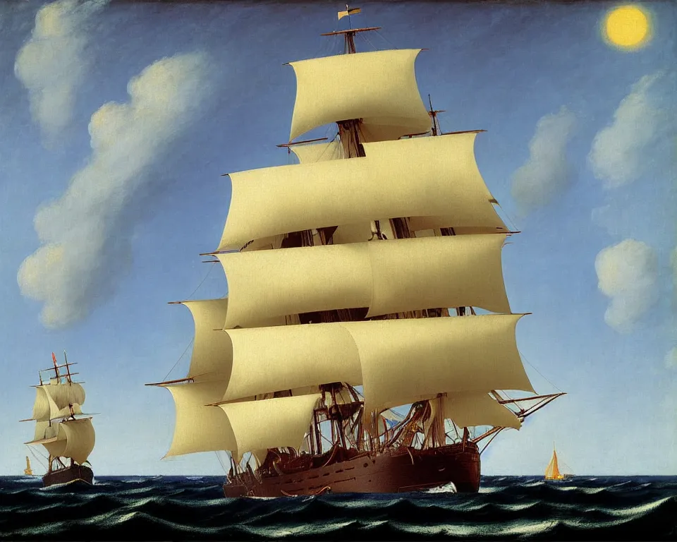 Prompt: an achingly beautiful print of the HMS Bounty sailing on stormy seas by Raphael, Hopper, and Rene Magritte. detailed, romantic, enchanting, trending on artstation.