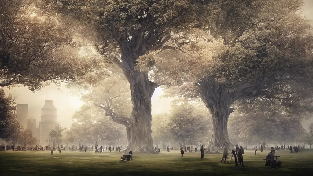 Image similar to the great elven tree growing in the middle of tiananmen square, beijing. andreas achenbach, artgerm, mikko lagerstedt, zack snyder, tokujin yoshioka