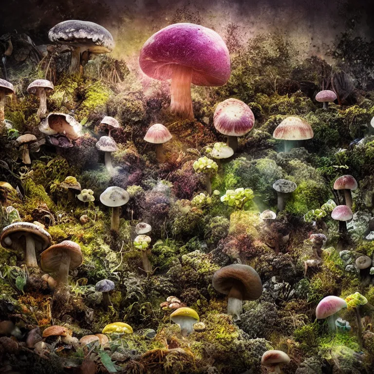 Image similar to a planet of various fungus, mushrooms and plants, inside the picture is infinity, Atmospheric phenomenon, artistic photography, muted colors, conceptual, long exposure outside the city, volumetric light