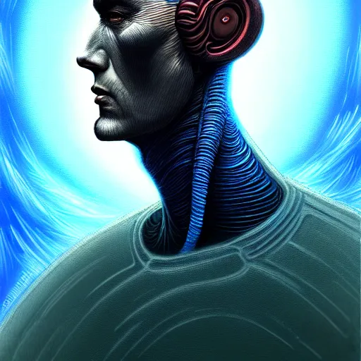 Image similar to scifi character portrait of man in the style of android jones and zdzislaw beksinski, 1 / 4 headshot.