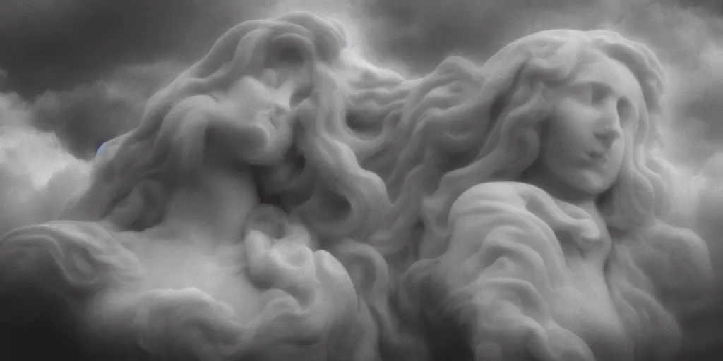 Prompt: analog photograph portrait of a marble statue of a young woman, long flowing hair, surrounded by heavy black smoke, detailed clouds, film grain, 8k, sheen, gloss, greyscale, white background, high contrast