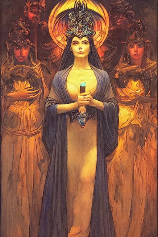 Image similar to queen of the underworld with her lantern and retinue, by Annie Swynnerton and Nicholas Roerich and jean delville, strong dramatic cinematic lighting , ornate headdress , flowing robes, lost civilizations, smooth, sharp focus, extremely detailed