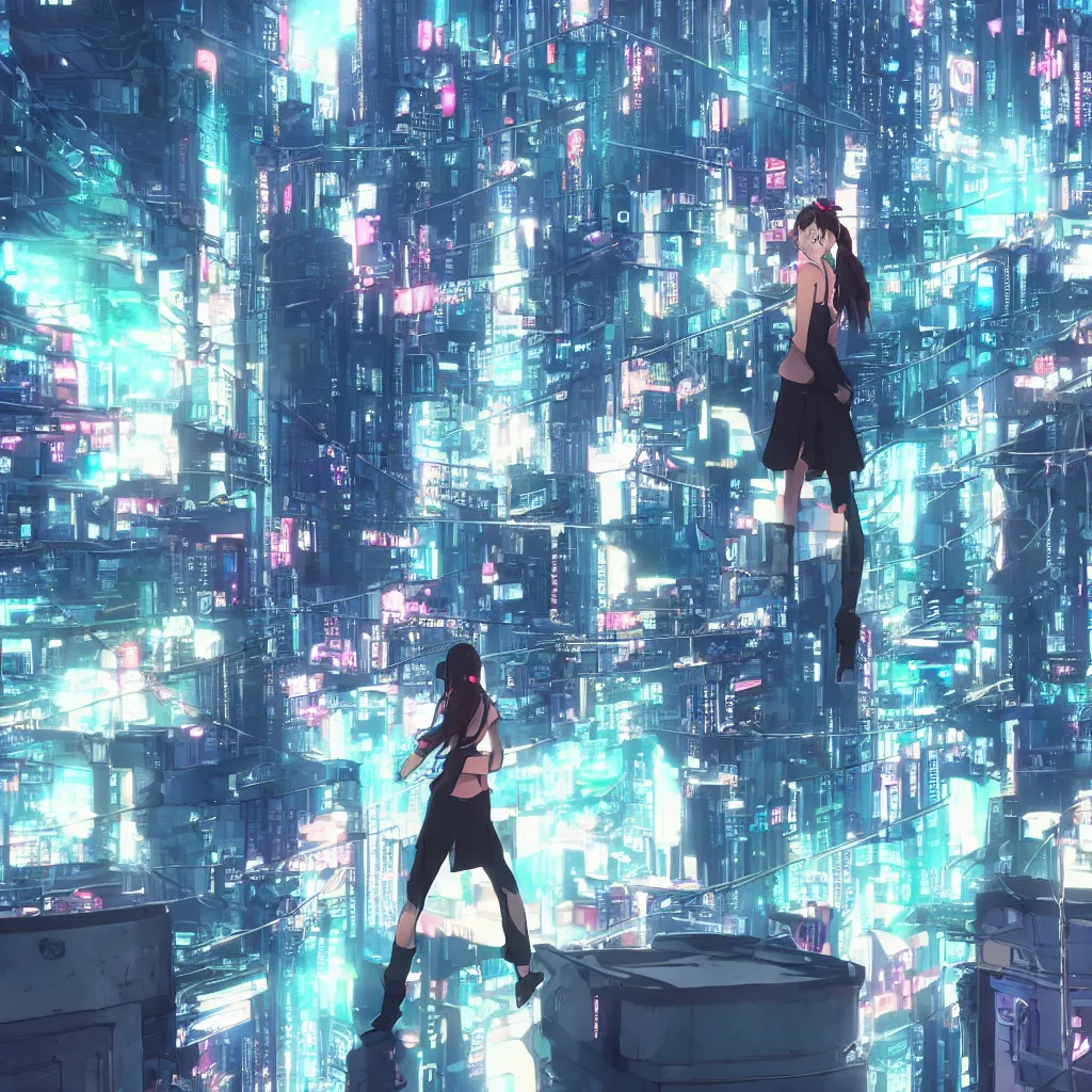 Prompt: a girl stands on top of a multi-storey building, anime style, 4k, cyberpunk city in the background, very detailed