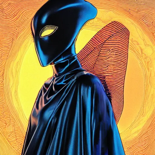 Prompt: beautiful portrait of the mysterious masked figure, futuristic, vogue cover, vogue poses, beautiful ornamental silk cape, intricate, highly detailed, masterful, fantasy world, sci fi world, in the style of moebius, akira toriyama, jean giraud, 8 k