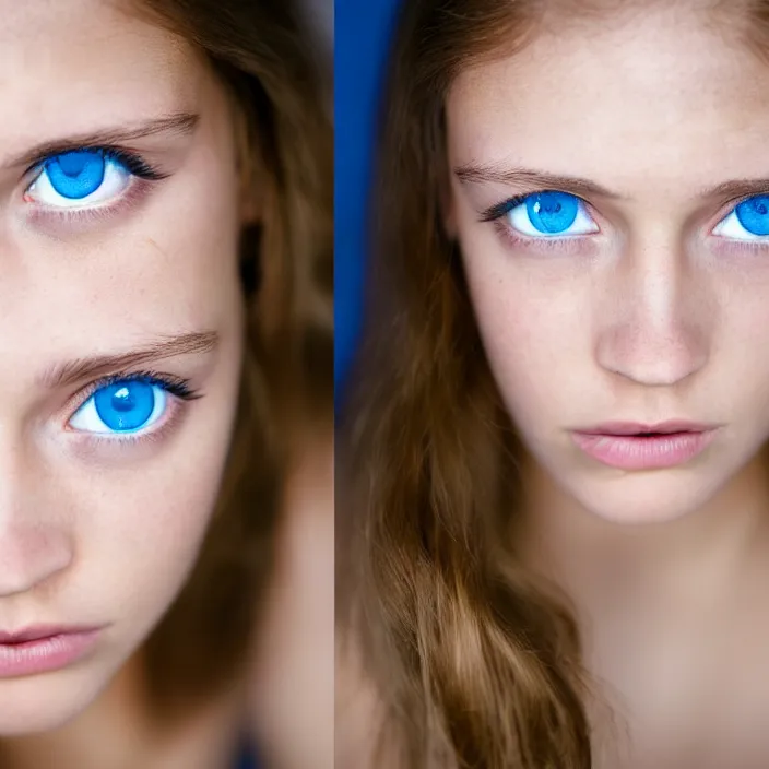 Image similar to Kodak Portra 400, 8K, highly detailed, britt marling style 3/4 dramatic extreme closeup portrait of a extremely beautiful girl with blue eyes and light brown hair,four fingers maximum, non-illuminated backdrop, illuminated by a dramatic light, Low key lighting, light dark, High constrast, dramatic , nina masic , dark background, high quality, photo-realistic, 8K