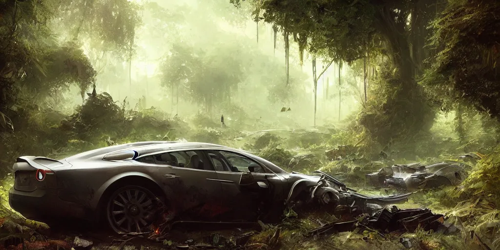 Prompt: Intricate detailed illustration, A crashed tesla being reclaimed by lush jungle, cinematic lighting, by Sparth and Greg Rutkowski, wide angle, volumetric light scattering, 8k, artstation, concept art,