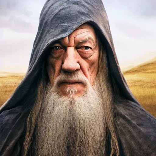 Prompt: landscape photo of the evil ian mckellen as gandalf in a dark hood walking with haste through grasslands, photo taken 5 0 0 m from gandalf, highly detailed, cinematic shot, cinematic lighting, 8 k, exquisit facial detail, magical realism painting, chiaroscuro, dark painting.