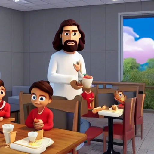 Prompt: jesus eating at chick - fil - a, pixar,