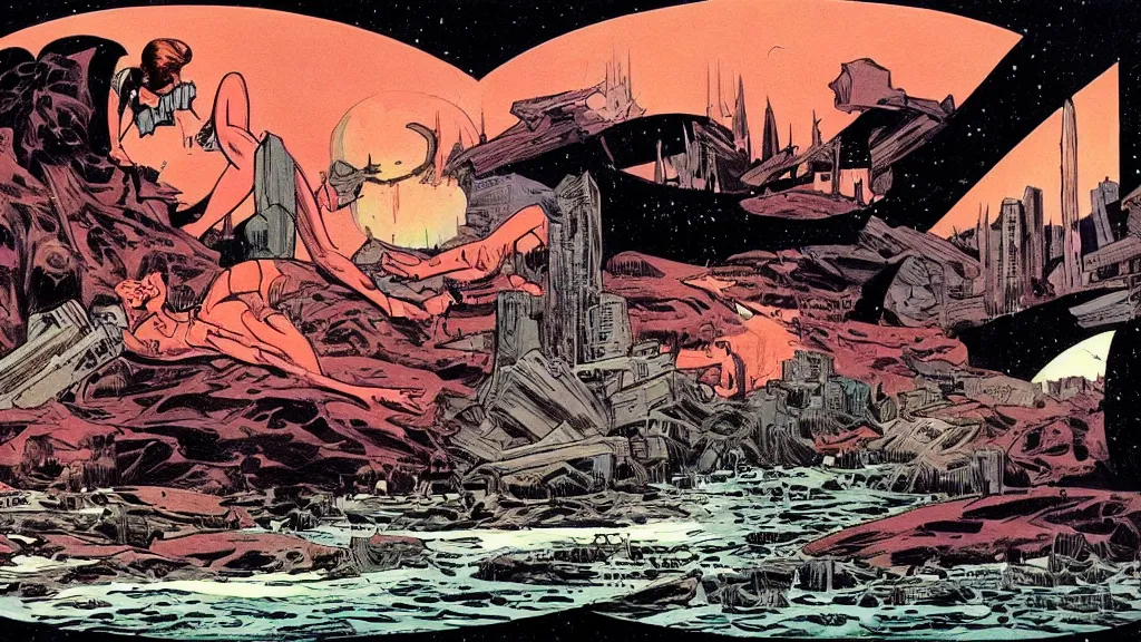 Prompt: beautiful view, painted by wally wood,
