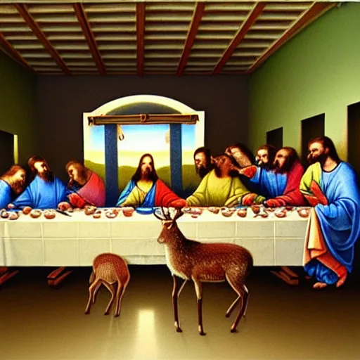 Image similar to A beautiful painting of the Last Supper, with Jesus and his disciples replaced by various animals. The painting is set in a forest, with a deer at the head of the table and a squirrel and rabbit to either side. clockpunk, crayon art by Hiroshi Yoshida, by Iryna Yermolova, by Catherine Hyde 3d render