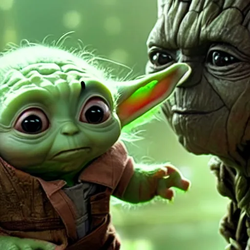 Prompt: baby Yoda Playing with Groot in guardians of the Galaxy 4k detailed super realistic