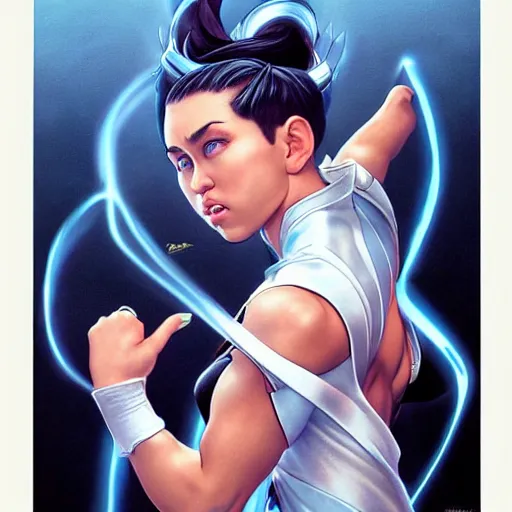 Image similar to miley cyrus as chun li from street fighter, kicking, 4 k, ultra realistic, detailed focused art by artgerm and greg rutkowski and alphonse mucha