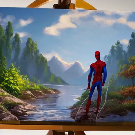 Image similar to a closeup photorealistic photograph of bob ross working on a canvas painting of spiderman. film still. brightly lit scene. mountains and trees. this 4 k hd image is trending on artstation, featured on behance, well - rendered, extra crisp, features intricate detail, epic composition and the style of unreal engine.