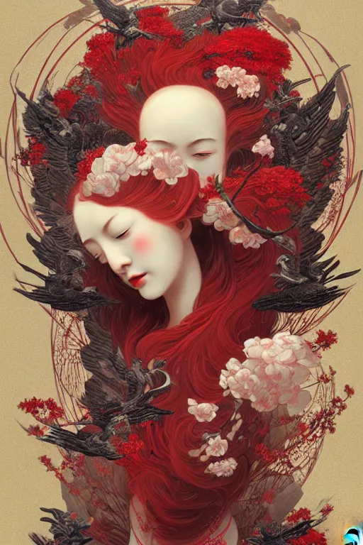 Image similar to breathtaking detailed red gardian mao baby in glace sphere no futur taiwan concept art painting art deco pattern of birds goddesses amalmation flowers, by hsiao ron cheng, tetsuya ichida, bizarre compositions, exquisite detail, extremely moody lighting, 8 k, art nouveau, old chines painting