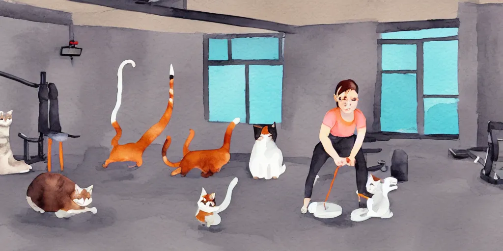 Prompt: watercolor illustration style, cute cat trainer training other cats in the fitness studio environment