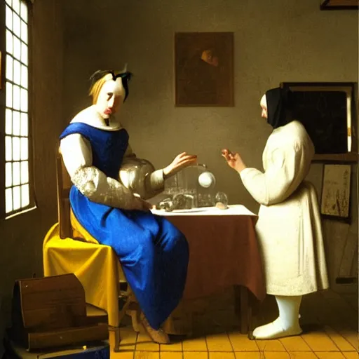 Prompt: A couple of scientists are in love in a laboratory, by Vermeer