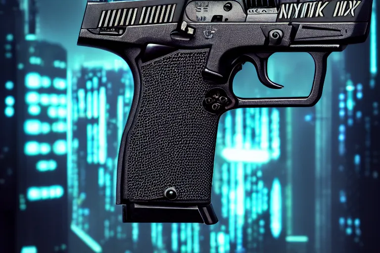 Image similar to cyberpunk ultra high tech pistol with engraving of the cat, sci - fi, blade runner, cyberpunk, high tech, futurism, exoskeleton, symmetry, cinematic, elegant, luxury, perfect light, perfect composition, dlsr photography, sharp focus, 8 k, ultra hd, sense of awe, highly detailed, realistic, intricate, science journal cover