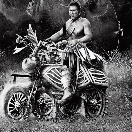 Prompt: Maori warrior on ancient motorcucle with drone by david lachapelle, old photo, vintage