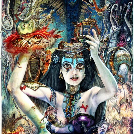 Prompt: cleopatra in alice in wonderland tripping on ayahuasca with scary monsters, intricate detail, painting, royo, frazetta, whealan,