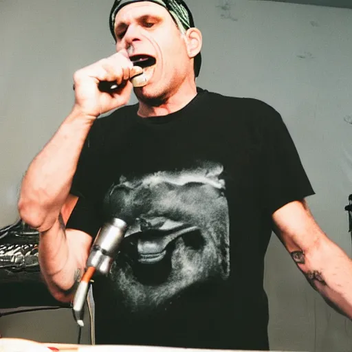 Image similar to high resolution photograph of John Joseph, the singer of the Cromags eating a cheeseburger