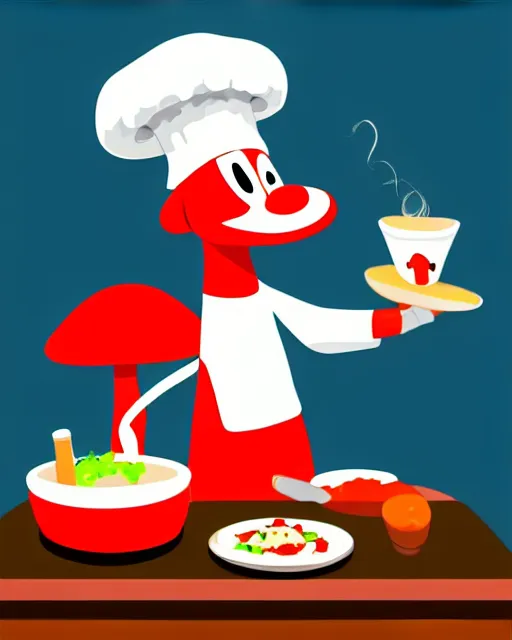 Image similar to an anthropomorphic mushroom chef cooking a meal, fantasy cartoon illustration, bold colors, simple shapes, trending on artstation