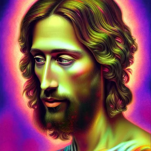 Image similar to An extremely psychedelic portrait of Jesus, surreal, LSD, face, detailed, intricate, elegant, lithe, highly detailed, digital painting, magical, Occult, artstation, concept art, smooth, sharp focus, illustration