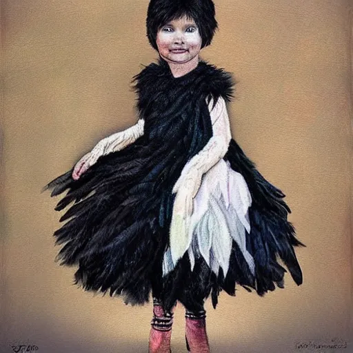 Prompt: little girl wearing an dress made of black feathers, artwork made by ilya kushinov