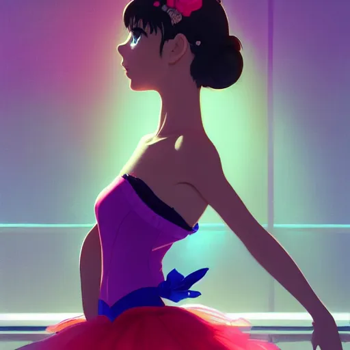 Prompt: portrait of a beautiful girl with dark hair dressed as a ballerina, ballet studio as the background, rich vivid colors, ambient lighting, dynamic lighting, 4k, HQ, official media, anime key visual, makoto shinkai, ilya kuvshinov, lois van baarle, rossdraws, detailed, trending on artstation