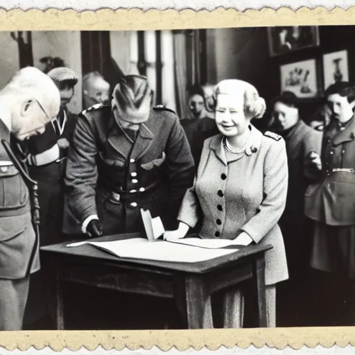 Prompt: 5 0 mm 1 9 4 6 historical photo, of a single german general and a young queen elizabeth signing a peace treaty, a cute corgi watches, french village interior, highly detailed, sharp focus, symmetrical face