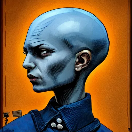 Image similar to intricate portrait, pure skin, bald, short blue hair, in the style of enki bilal!