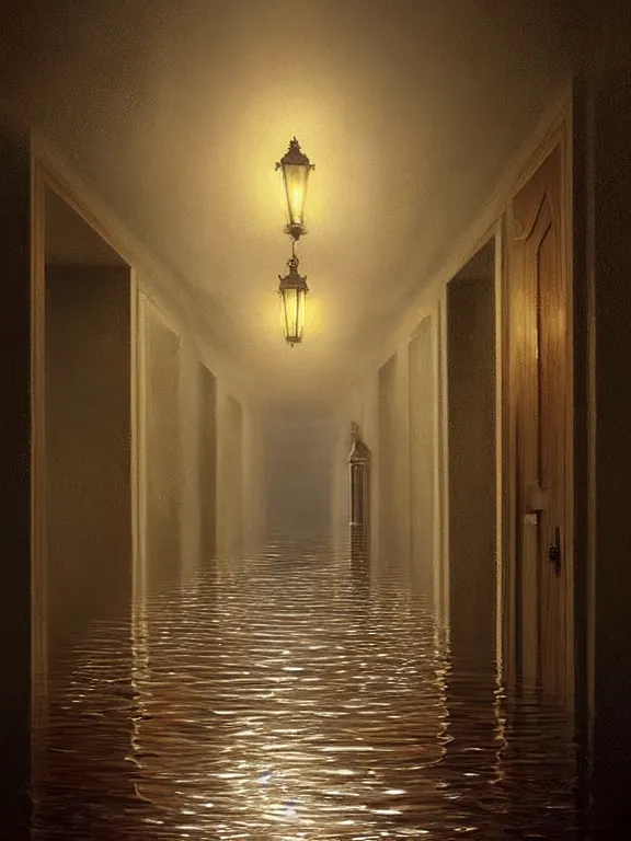 Prompt: A beautiful digital painting of a unending hallway spooky flooding by Mark Keathley, Iblard Jikan, Steven Belledin, Martin Johnson Heade, Lee Madgwick, and Caspar David Friedrichl 8k artstation