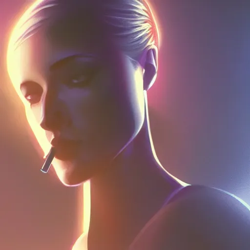 Image similar to blade runner rachael holding a cigarette in her hand, an airbrush painting by ilya kuvshinov, cgsociety, digital art, backlight, indoor light, volumetric lighting, digital painting, smokey background, concept art, trending on artstaion