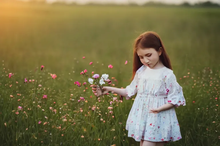 Image similar to a little girl standing in a field holding flowers in her hand, soft light, dreamlike,