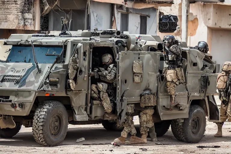 Image similar to Mercenary Special Forces soldiers in grey uniforms with black armored vest and black helmets behind an MRAP in urban warfare in Cambodia as artillery explodes 2022, Canon EOS R3, f/1.4, ISO 200, 1/160s, 8K, RAW, unedited, symmetrical balance, in-frame, combat photography