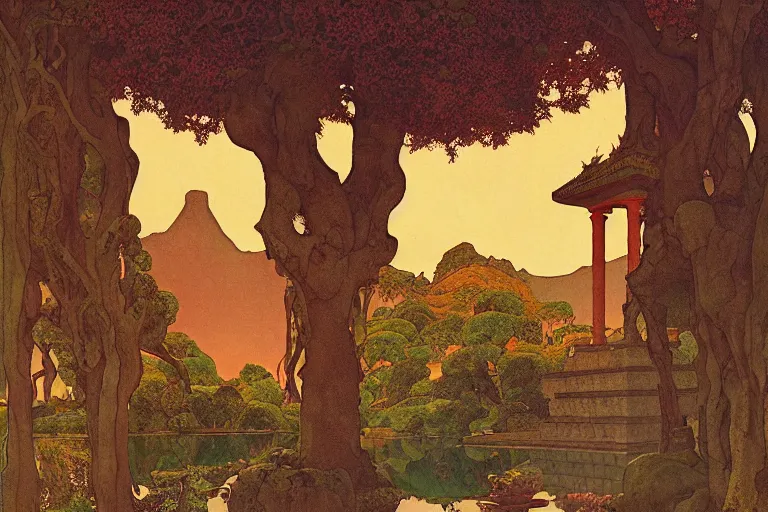 Prompt: ancient temple by a lake at dawn | by Edmund Dulac and Maxfield Parrish and Nicholas Roerich | ornate carvings| climbing vines| rich color | dramatic cinematic lighting | extremely clear and detailed