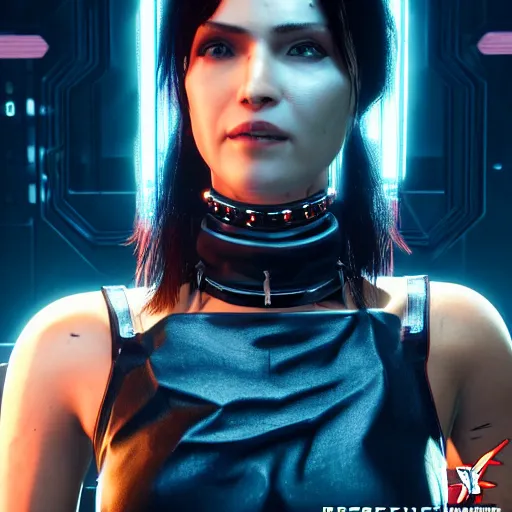 Image similar to female V from Cyberpunk 2077 wearing spiked black choker, steel collar, steel choker, punk, steel collar, 4K, realistic, spiked collar, art, beautiful,