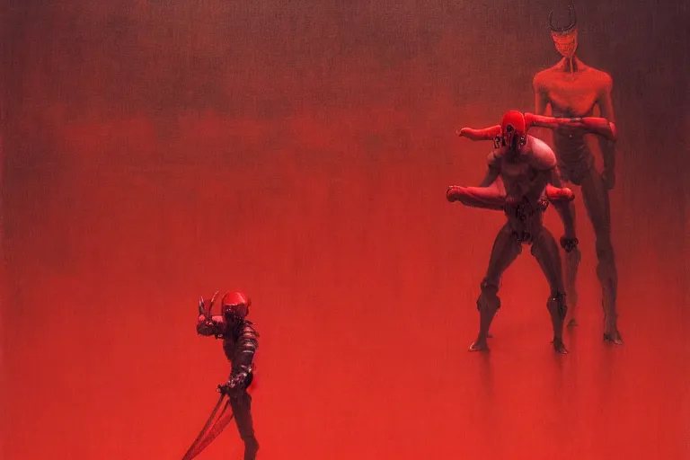 Image similar to only with red, a red cyborg samurai, tokio futuristic in background, some evil yokai fight, in the style of beksinski, parts by edward hopper, parts by rodcenko, parts by yue minjun, intricate and epic composition, red by caravaggio, insanely quality, highly detailed, masterpiece, red light, artstation, 4 k