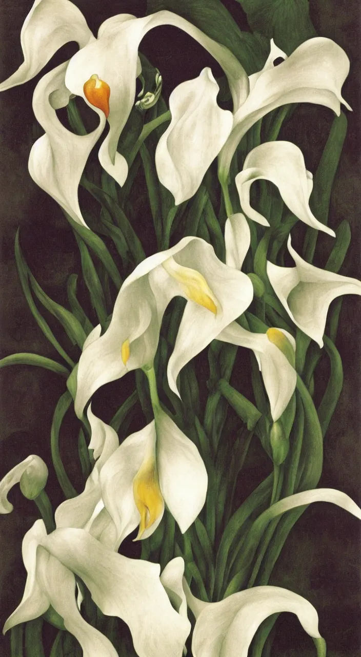 Image similar to portrait of a havanese dog with calla lillies, mexico, painting # by diego rivera 1 9 3 5