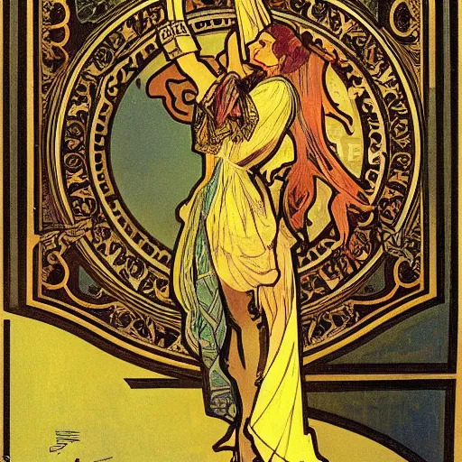 Image similar to knight, painted by alphonse mucha