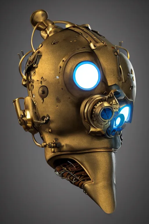 Image similar to steampunk mask minimalist fantasy art robot ninja helmet, global illumination ray tracing hdr fanart arstation by sung choi and eric pfeiffer and gabriel garza and casper konefal radiating a glowing aura