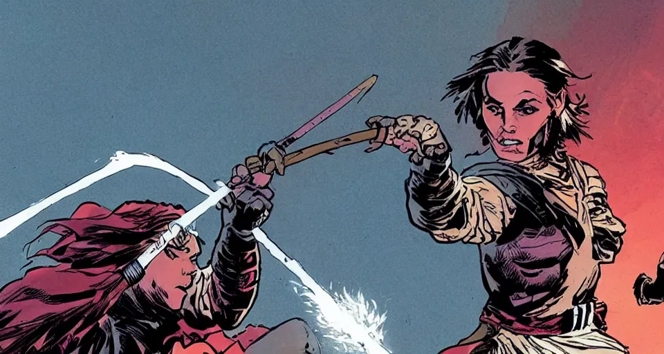 Prompt: Alicia Vikander as a mage fighting a knight a comic book panel by Frank Miller