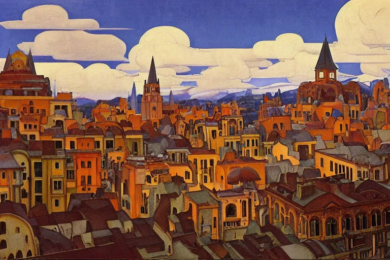 Image similar to view of the old city and its tree-lined winding streets after a storm, tall windows lit up, beautiful ornamental architecture, dramatic cinematic lighting, rich colors, by Nicholas Roerich and and Caspar David Friedrich and ford madox brown and April Gornik and ((Diego Rivera)), featured on artstation