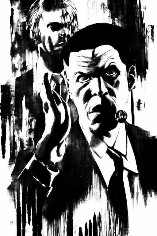 Image similar to black and white illustration of Pulp fiction, neo noir style, Frank Miller creative design, body horror