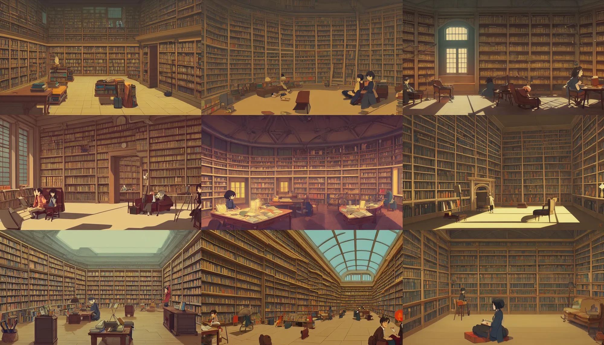 Prompt: interior of a library, artstation, elegant, highly detailed, digital painting, concept art, smooth, sharp focus, illustration, art by studio ghibli, fujita goro, atey ghailan, tom whalen, jean giraud 8 k