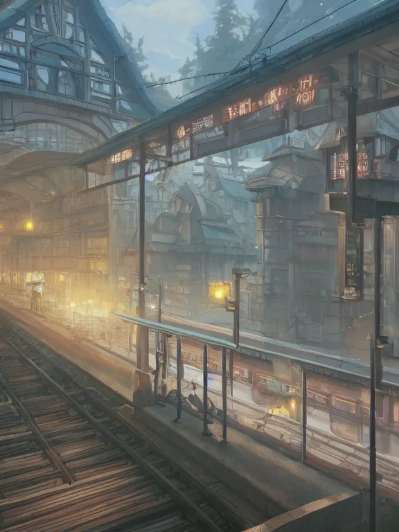 Prompt: A highly detailed matte painting of train station by Studio Ghibli, Makoto Shinkai, by Artgerm, by WLOP, by Greg Rutkowski, volumetric lighting, octane render, 4K resolution, trending on artstation, masterpiece